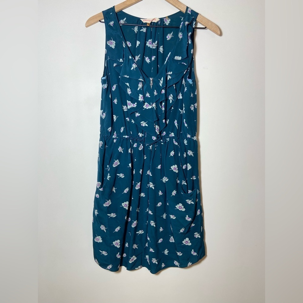 Rebecca Taylor Blue Floral Tiered Ruffle 100% Silk Mini Dress Size 8